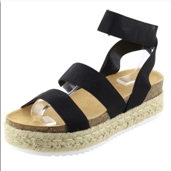 Black Espadrilles Platform Two Strap Sandals Twine - Picture 4 of 8